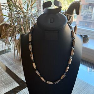 Swirled Ceramic & Beaded Necklace with Barrel Clasp. Neutral colors.